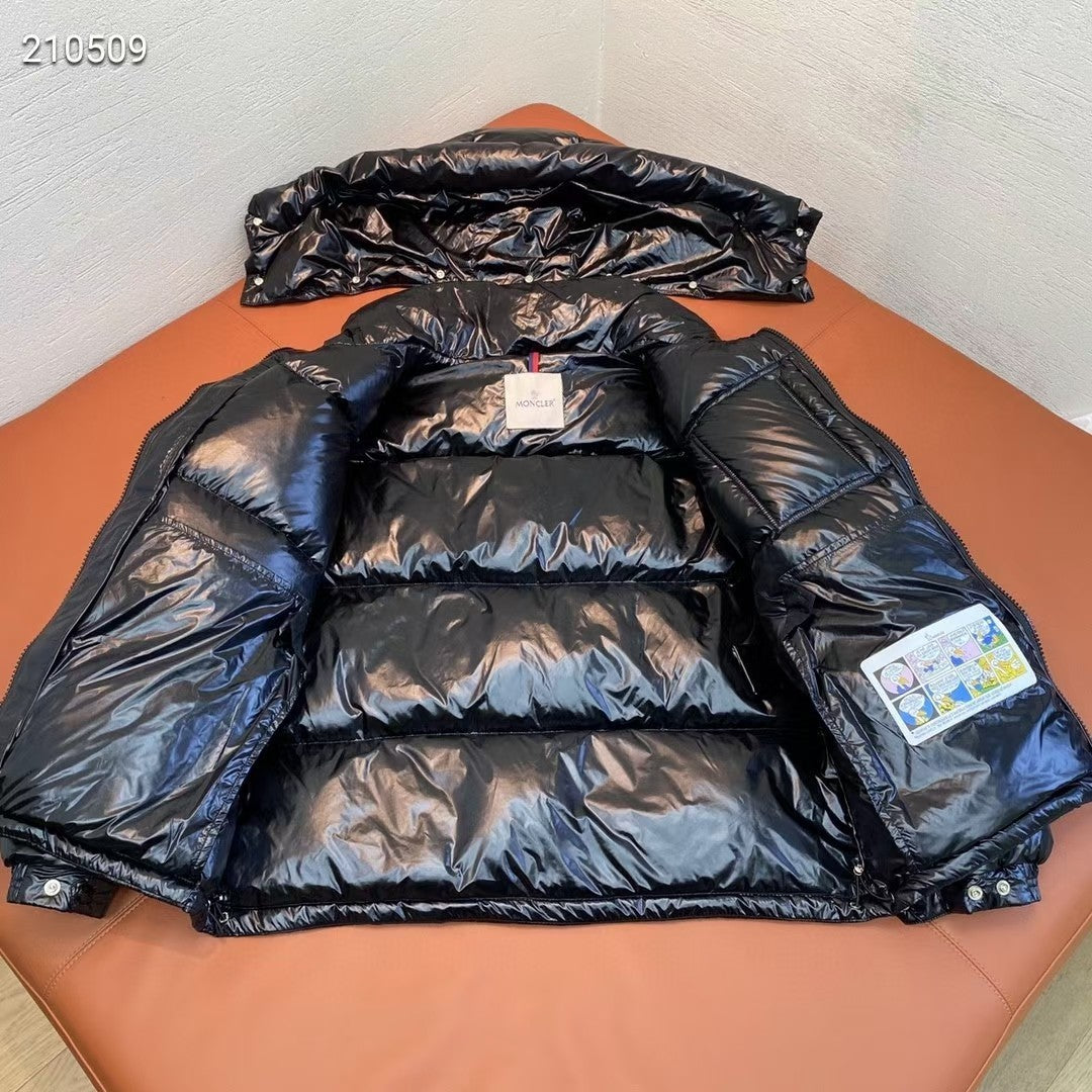 Moncler Glossy Hooded Puffer Jacket with Tricolor Trim | Black