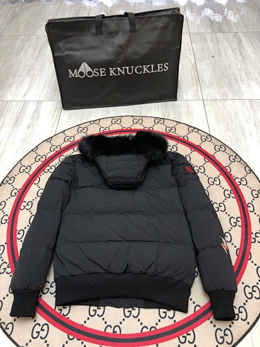 Moose Knuckles Unisex Multi-Patch Hooded Bomber Jacket | Black