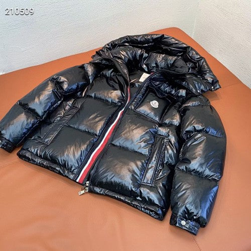 Moncler Glossy Hooded Puffer Jacket with Tricolor Trim | Black