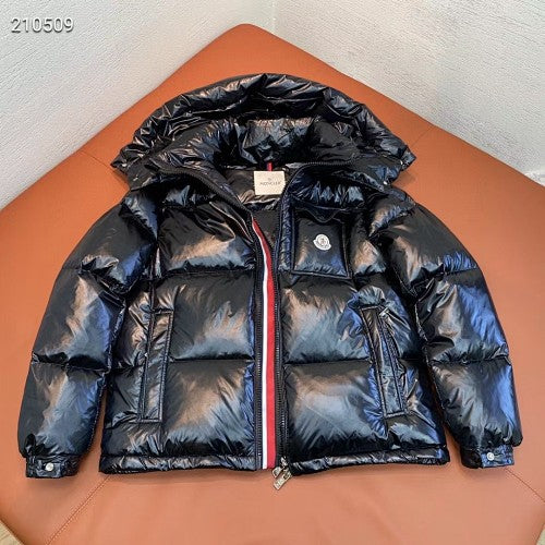 Moncler Glossy Hooded Puffer Jacket with Tricolor Trim | Black