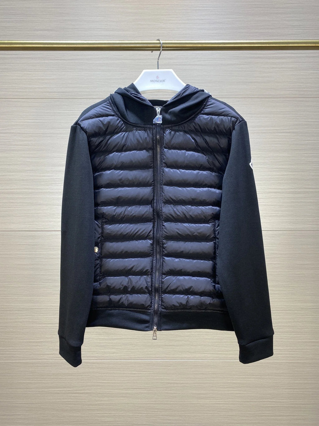 Moncler Hooded Down Jacket with Knit Sleeves – Black