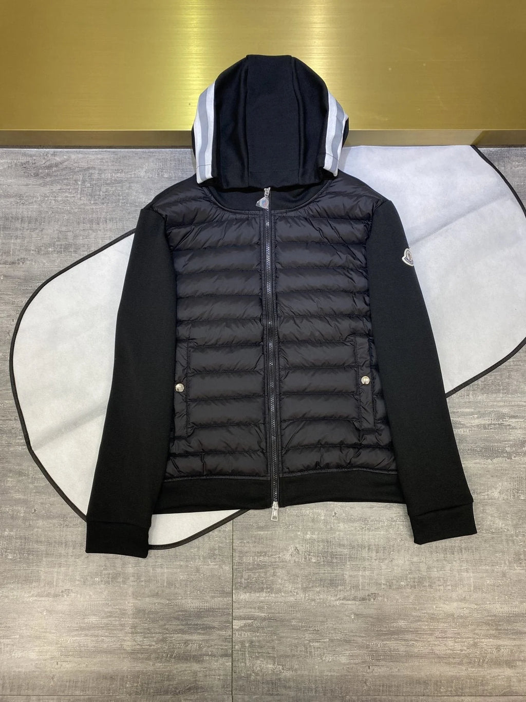 Moncler Hooded Down Jacket with Knit Sleeves – Black